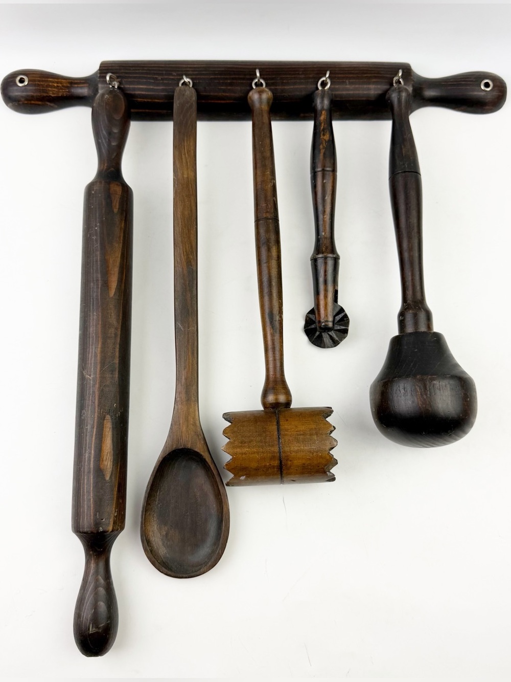 Vintage Farmhouse Kitchen Utensils Wood Wall Rack 5pc Portugal Rustic MCM